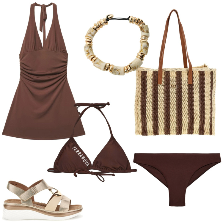 Outfit donna - Beach please. Stile Casual chic per Mare. Abbinamento con bikini, bikini, vestiti corti, braccialetti, sandali, borse a spalla.