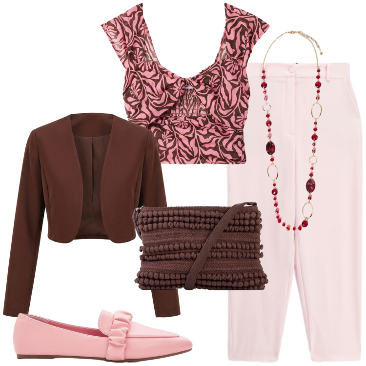 Outfit donna - Total look #2430711. Stile Casual chic per Serata fuori. Abbinamento con mocassini, borse a tracolla, top, collane, pantaloni, blazer.