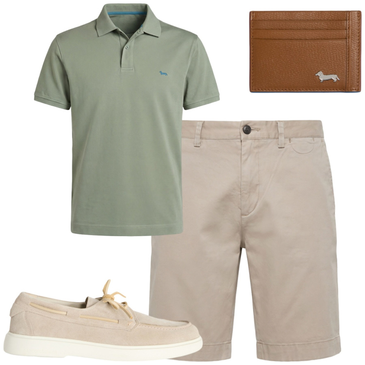 Outfit uomo - City. Stile Casual per Tutti i giorni. Abbinamento con scarpe stringate, portafogli, polo, bermuda.