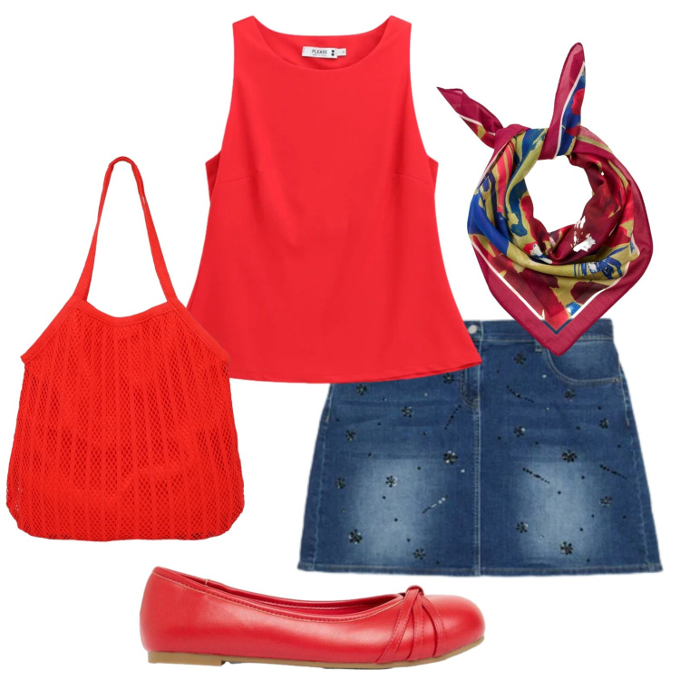 Outfit donna - Total look #2430714. Stile Basic per Tutti i giorni. Abbinamento con foulard, ballerine, shopping bag, top, minigonne.