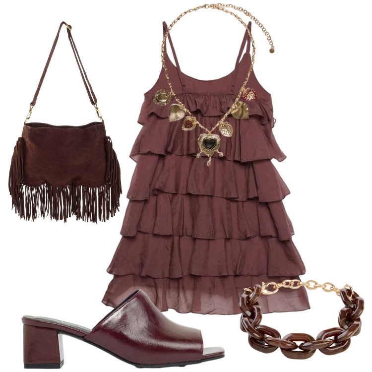 Outfit donna - Total look #2430716. Stile Sexy per Serata fuori. Abbinamento con braccialetti, ciabatte, borse a tracolla, vestiti corti, collane.
