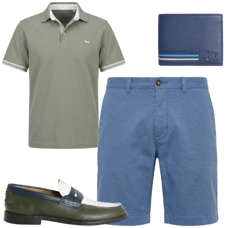 Outfit uomo - City. Stile Trendy per Tutti i giorni. Abbinamento con portafogli, bermuda, polo, scarpe stringate.