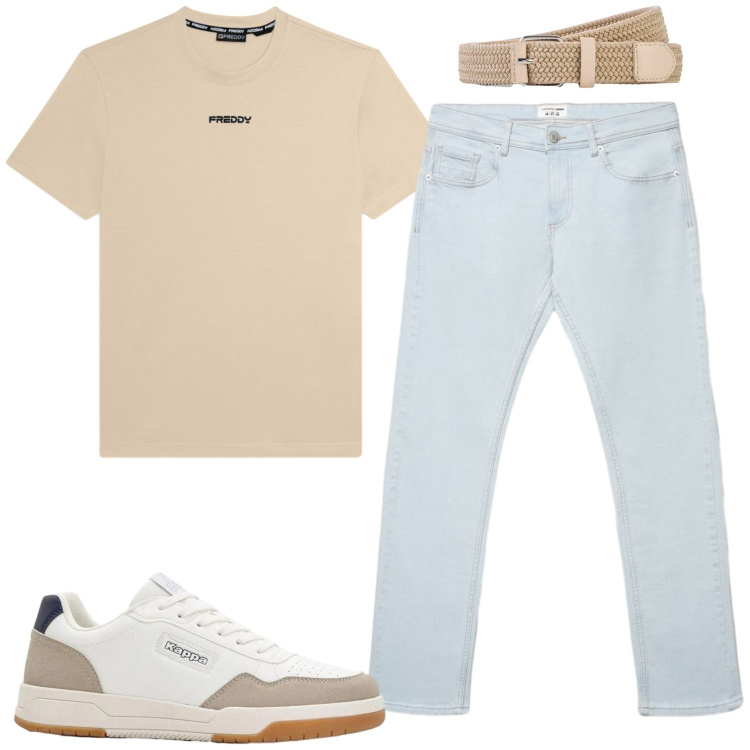 Outfit uomo - Colazione insieme.. Stile Casual per Tutti i giorni. Abbinamento con cinture, sneakers, jeans, t-shirt.
