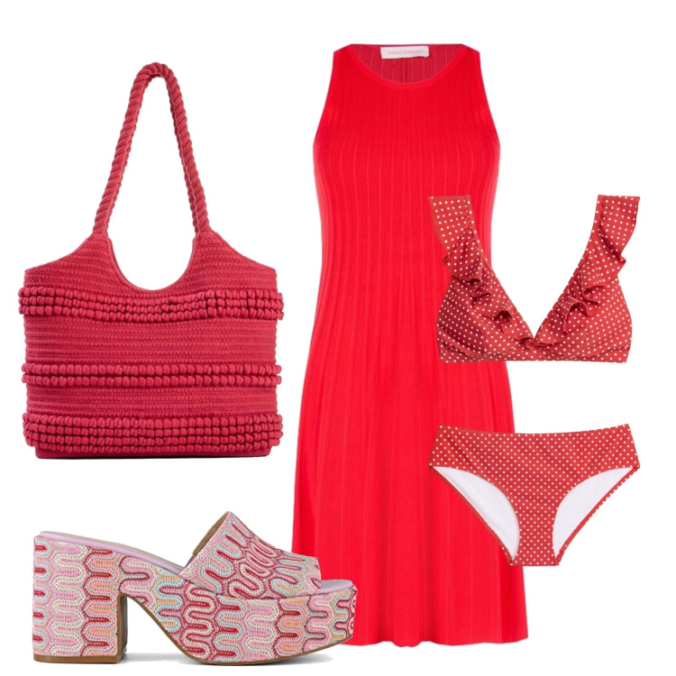 Outfit donna - Total look #2430726. Stile Vintage retrò per Mare. Abbinamento con bikini, shopping bag, vestiti senza maniche, sabot.