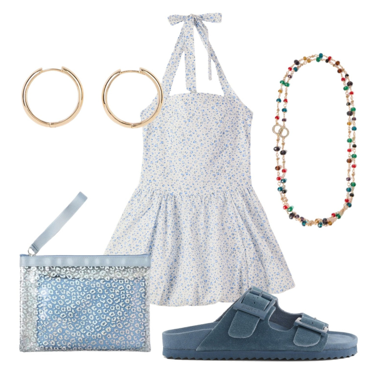 Outfit donna - Total look #2430729. Stile Romantica per Tutti i giorni. Abbinamento con orecchini, vestiti corti, pochette, collane, sandali in pelle.