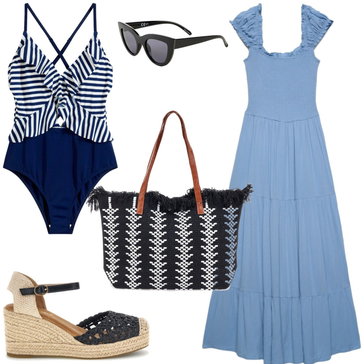 Outfit donna - Al mare e in città. Stile Romantica per Tutti i giorni. Abbinamento con costumi interi, occhiali da sole, vestiti lunghi, zeppe, borse tote.