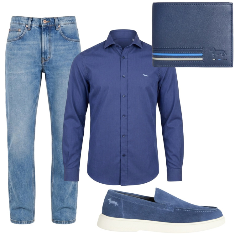 Outfit uomo - Blu notte. Stile Casual per Serata speciale. Abbinamento con portafogli, jeans, camicie, scarpe stringate.