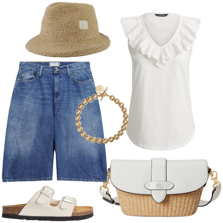 Outfit donna - Total look #2430738. Stile Casual chic per Tutti i giorni. Abbinamento con bermuda, borse a spalla, top, braccialetti, cappelli, sandali in pelle.