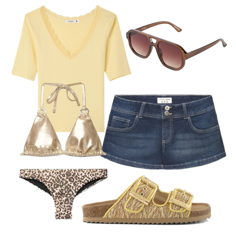 Outfit donna - Total look #2430739. Stile 70s per Mare. Abbinamento con occhiali da sole, t-shirt, shorts, bikini, bikini, sandali.