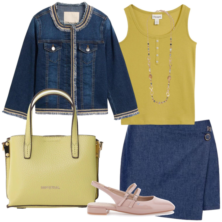 Outfit donna - Total look #2430741. Stile Casual chic per Tutti i giorni. Abbinamento con blazer, canottiere, collane, minigonne, borse a tracolla, ballerine.