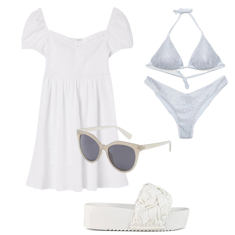 Outfit donna - Total look #2430742. Stile Minimal per Mare. Abbinamento con occhiali da sole, vestiti corti, bikini, bikini, ciabatte.