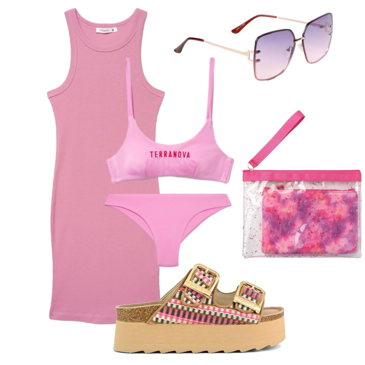 Outfit donna - Total look #2430743. Stile Sexy per Mare. Abbinamento con occhiali da sole, vestiti midi/longuette, bikini, pochette, bikini, sandali.
