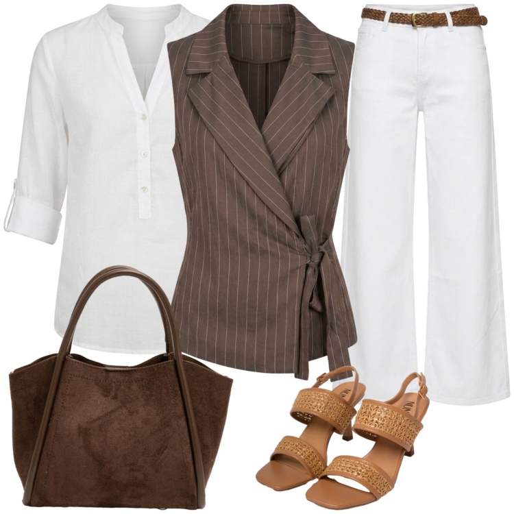 Outfit donna - La borsa shopper. Stile Casual per Ufficio. Abbinamento con borse a spalla, bluse, gilet, pantaloni, sandali in pelle.