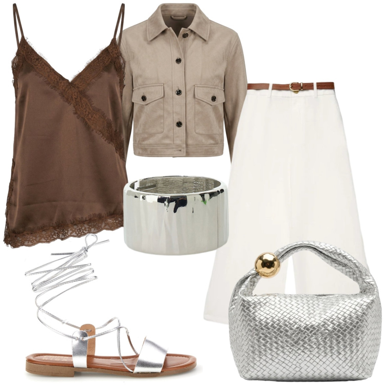 Outfit donna - Total look #2430747. Stile Casual chic per Serata fuori. Abbinamento con pantaloni a palazzo, braccialetti, canottiere, borse a mano, blazer, sandali alla schiava.