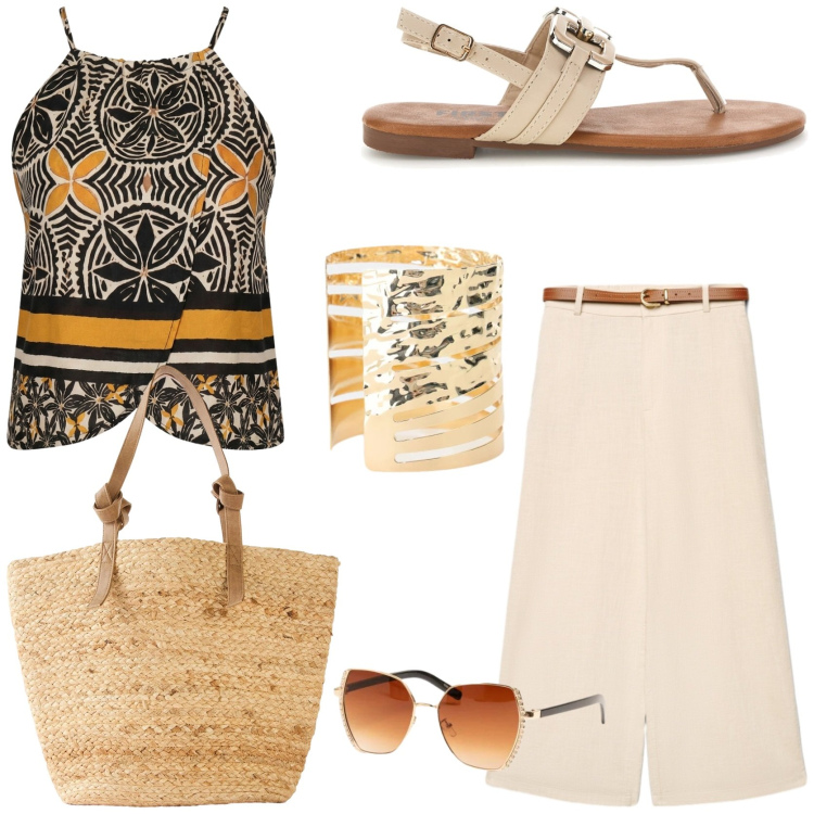 Outfit donna - Look fresco e chic. Stile Etnico per Tutti i giorni. Abbinamento con shopping bag, pantaloni a palazzo, braccialetti, top, occhiali da sole, sandali.
