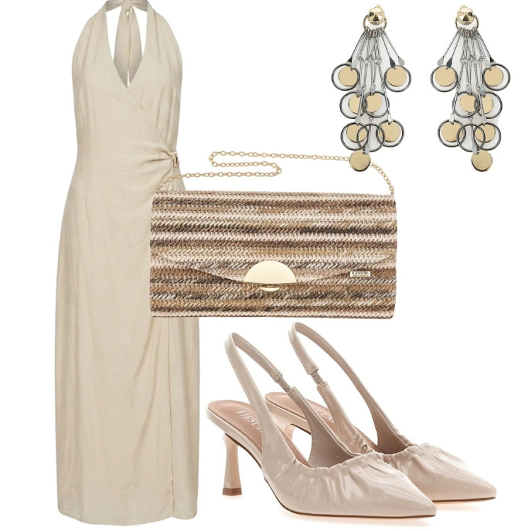 Outfit donna - Eventi estivi. Stile Glamour per Serata fuori. Abbinamento con orecchini, vestiti lunghi, décolleté, clutch.