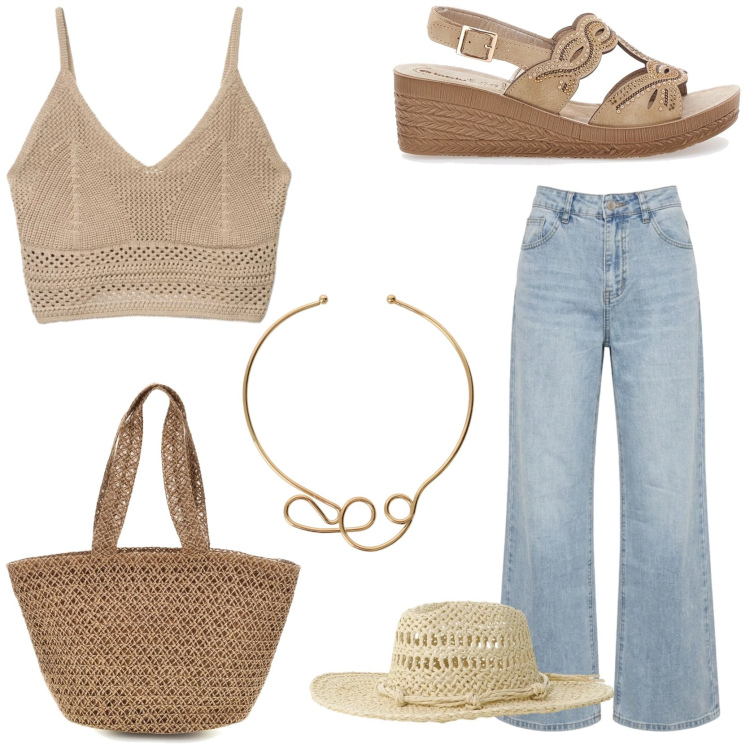 Outfit donna - Boho chic in città. Stile Boho per Tutti i giorni. Abbinamento con top, cappelli, collane, jeans a zampa, sandali, borse tote.