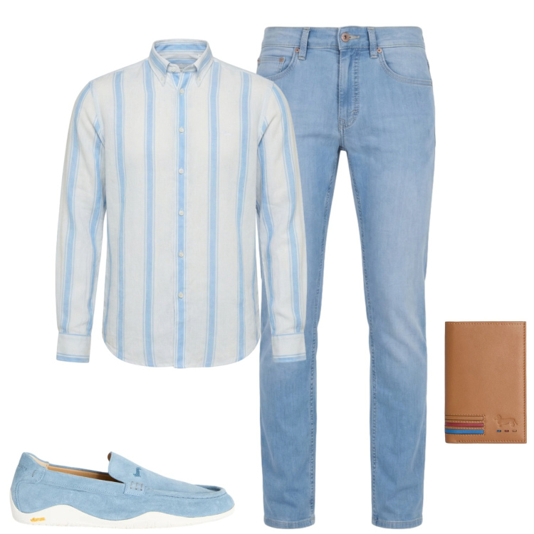 Outfit uomo - City. Stile Casual per Tutti i giorni. Abbinamento con scarpe stringate, portafogli, jeans, camicie.