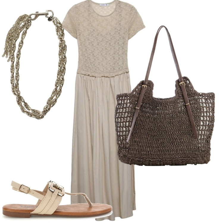 Outfit donna - Da Giorno a Sera. Stile Chic per Tutti i giorni. Abbinamento con shopping bag, vestiti lunghi, collane, sandali.