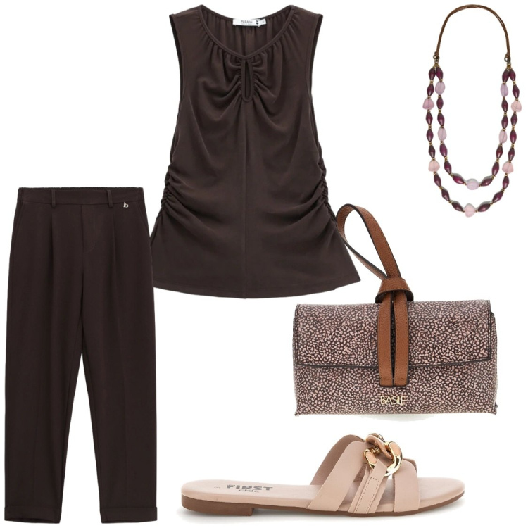 Outfit donna - Borse: Basile mood. Stile Chic per Serata fuori. Abbinamento con top, pantaloni, collane, ciabatte, borse a tracolla.
