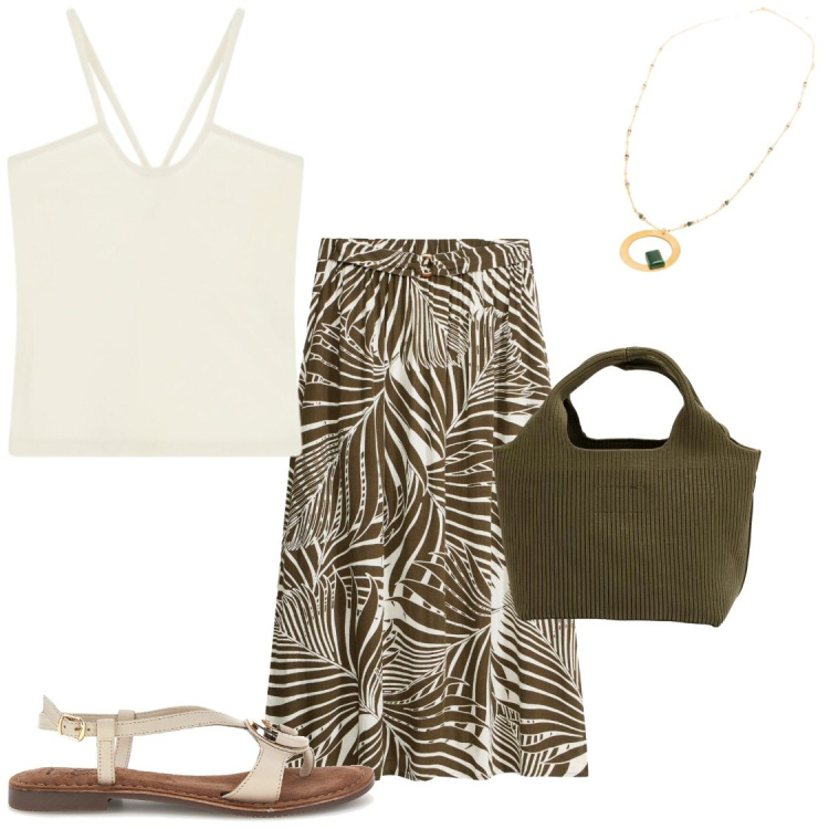 Outfit donna - Borse a mano da Nunalie. Stile Chic per Tutti i giorni. Abbinamento con gonne, canottiere, borse a mano, collane, sandali.