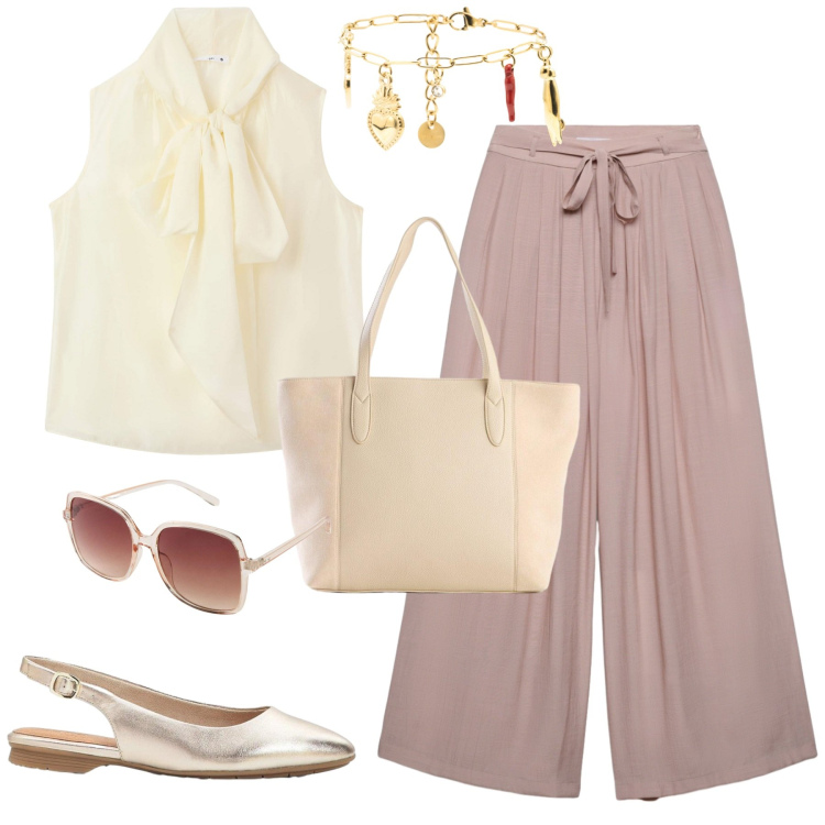 Outfit donna - Total look #2430790. Stile Casual chic per Ufficio. Abbinamento con occhiali da sole, shopping bag, ballerine, bluse, pantaloni, braccialetti.