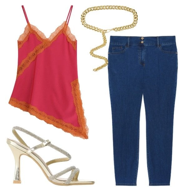 Outfit donna - Top lingerie e jeans. Stile Sexy per Serata fuori. Abbinamento con jeans skinny, cinture, top, sandali col tacco.
