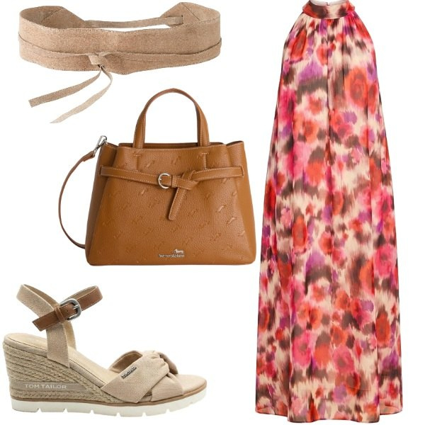 Outfit donna - Fresco abito fiorito. Stile Romantica per Tutti i giorni. Abbinamento con sandali col tacco, cinture, borse a mano, vestiti lunghi.