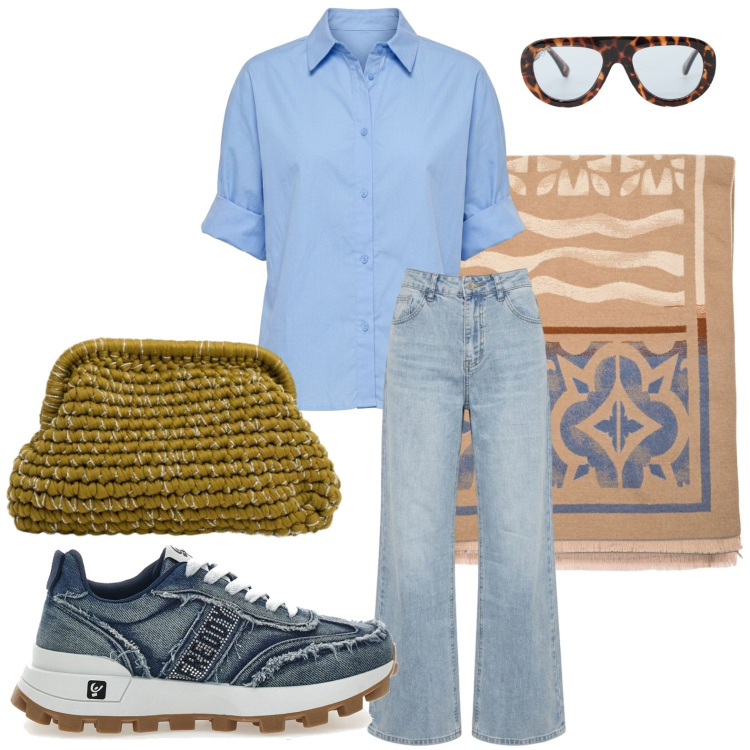 Outfit donna - Summer Bags. Stile Basic per Tutti i giorni. Abbinamento con occhiali da sole, clutch, jeans a zampa, sciarpe, camicie a manica corta, sneakers.