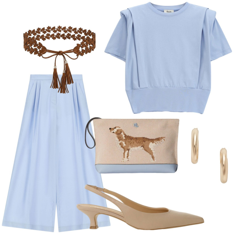 Outfit donna - Summer Bags. Stile Bon Ton per Ufficio. Abbinamento con pantaloni a palazzo, t-shirt, décolleté, cinture, orecchini, pochette.