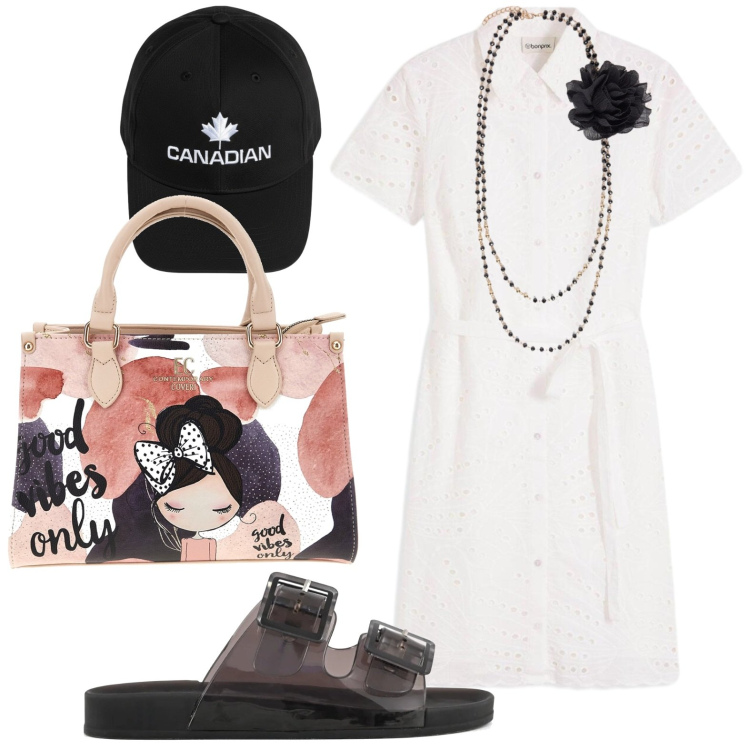 Outfit donna - Summer Bags. Stile Basic per Tutti i giorni. Abbinamento con vestiti chemisier, collane, berretti, borse a mano, sandali.