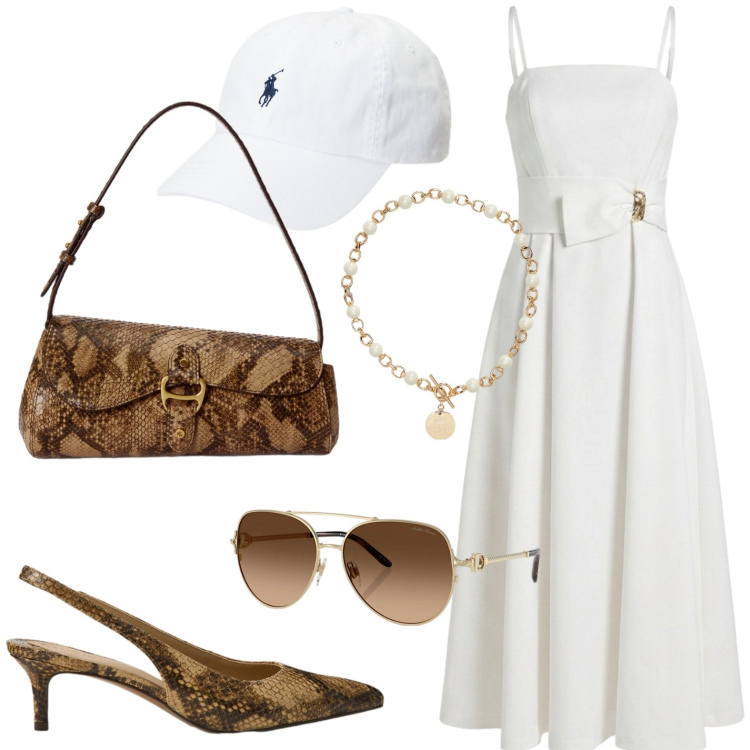 Outfit donna - Summer Bags. Stile Glamour per Tutti i giorni. Abbinamento con vestiti asimmetrici, collane, occhiali da sole, borse a tracolla, cappelli con visiera, décolleté.