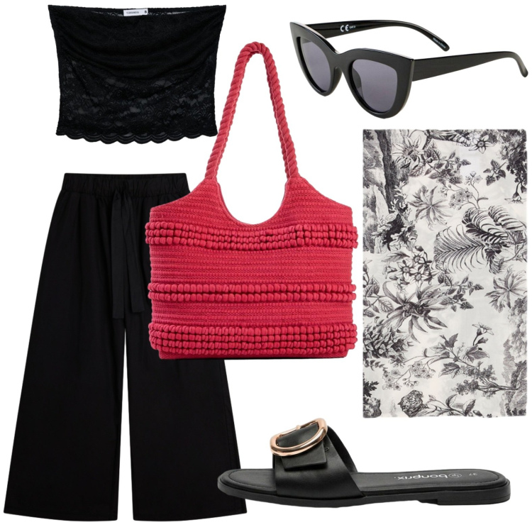 Outfit donna - Simply black. Stile Trendy per Tutti i giorni. Abbinamento con shopping bag, ciabatte, occhiali da sole, top, pantaloni, foulard.