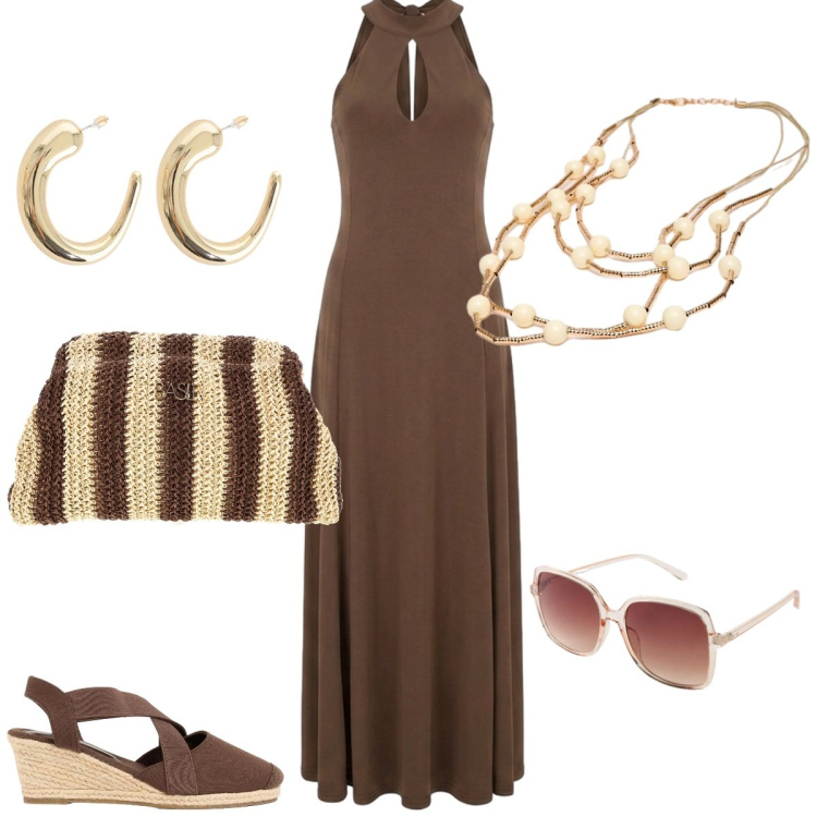 Outfit donna - Total look #2430816. Stile Chic per Serata fuori. Abbinamento con zeppe, occhiali da sole, orecchini, vestiti lunghi, collane, pochette.