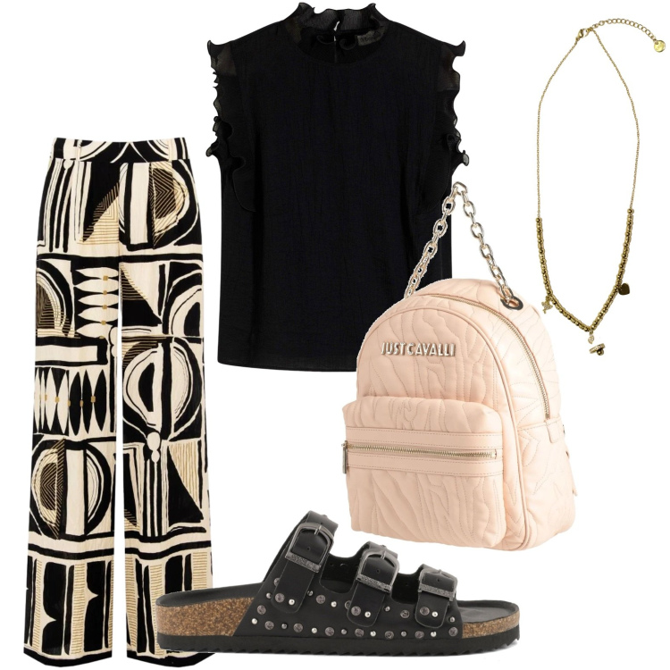 Outfit donna - Gioco di geometrie. Stile Casual per Scuola/Università. Abbinamento con zaini, bluse, pantaloni a palazzo, ciondoli, sandali.