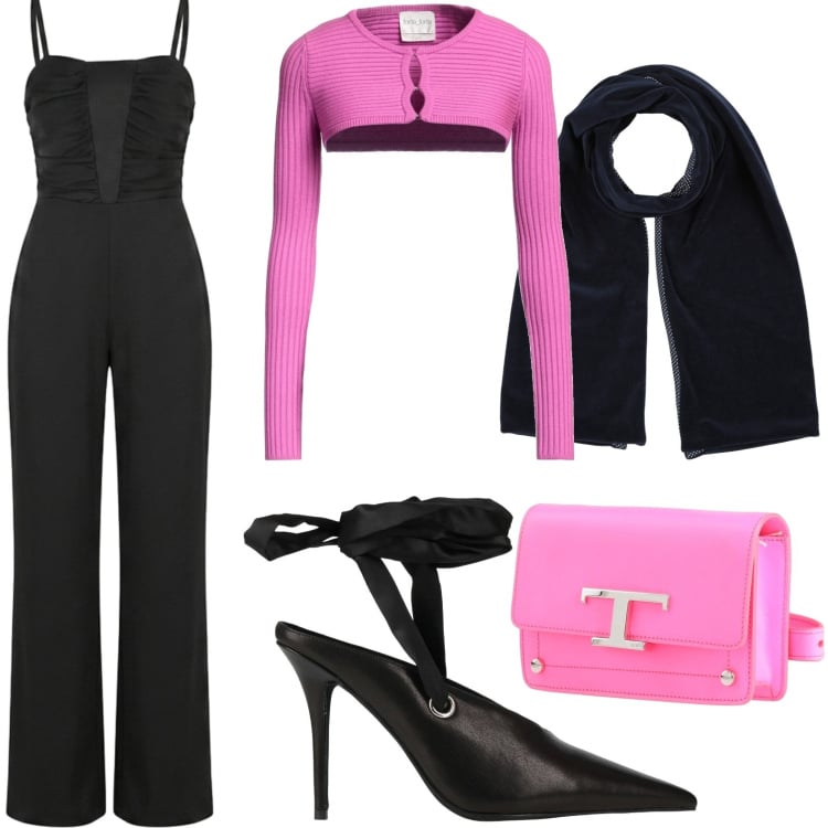 Outfit donna - Black sofisticato. Stile Glamour per Serata fuori. Abbinamento con sciarpe, blazer, marsupi, décolleté, tute.