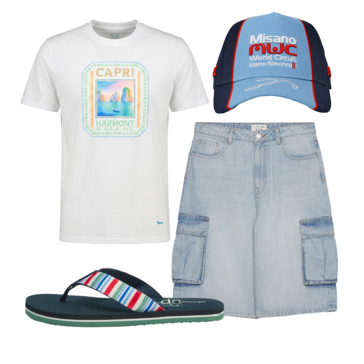 Outfit uomo - Total look #2430837. Stile Casual per Tutti i giorni. Abbinamento con t-shirt, sandali, cappelli, pantaloni corti.