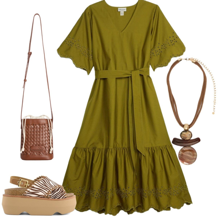 Outfit donna - Total look #2430840. Stile Boho per Tutti i giorni. Abbinamento con vestiti midi/longuette, borse a secchiello, ciondoli, zeppe.
