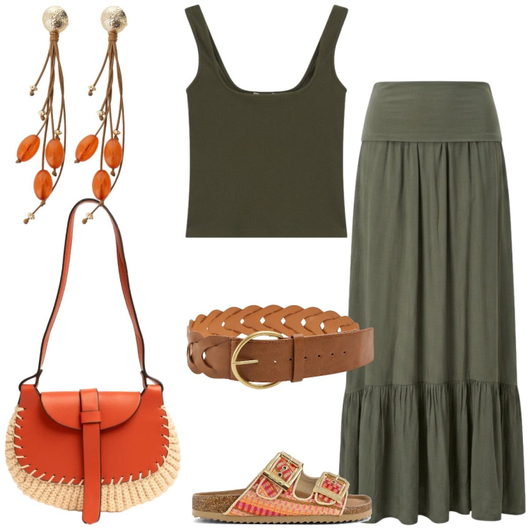 Outfit donna - Total look #2430852. Stile Boho per Tutti i giorni. Abbinamento con cinture, top, orecchini, gonne lunghe, borse a tracolla, sandali.