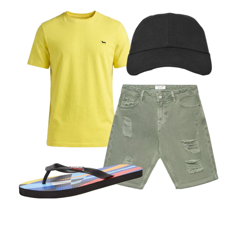 Outfit uomo - Total look #2430855. Stile Casual per Tutti i giorni. Abbinamento con t-shirt, sandali, cappelli con visiera, bermuda.