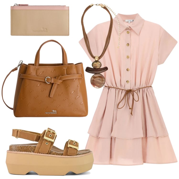 Outfit donna - Total look #2430856. Stile Bon Ton per Tutti i giorni. Abbinamento con portafogli, borse a mano, vestiti corti, ciondoli, sandali col tacco.