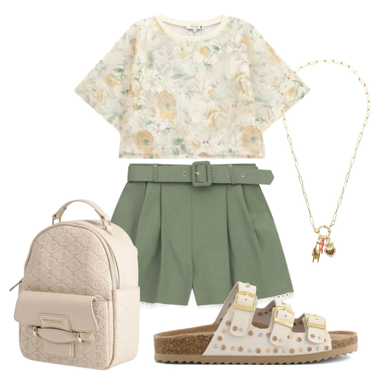 Outfit donna - Total look #2430863. Stile Casual chic per Tutti i giorni. Abbinamento con zaini, ciondoli, shorts, top, sandali.