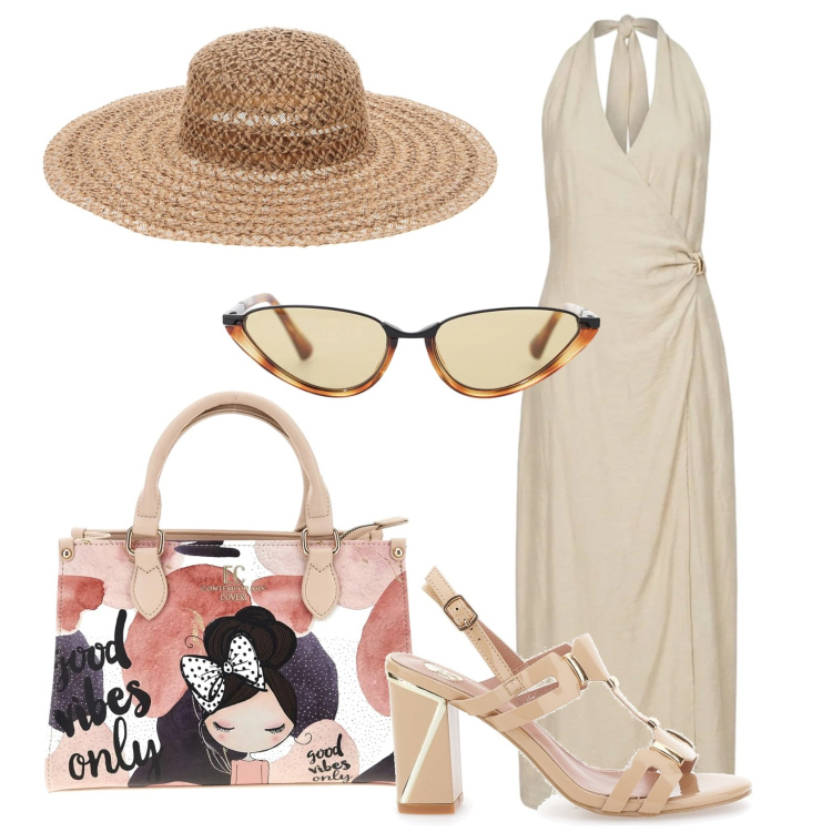 Outfit donna - Total look #2430869. Stile 70s per Tutti i giorni. Abbinamento con occhiali da sole, vestiti lunghi, borse a mano, cappelli, sandali.