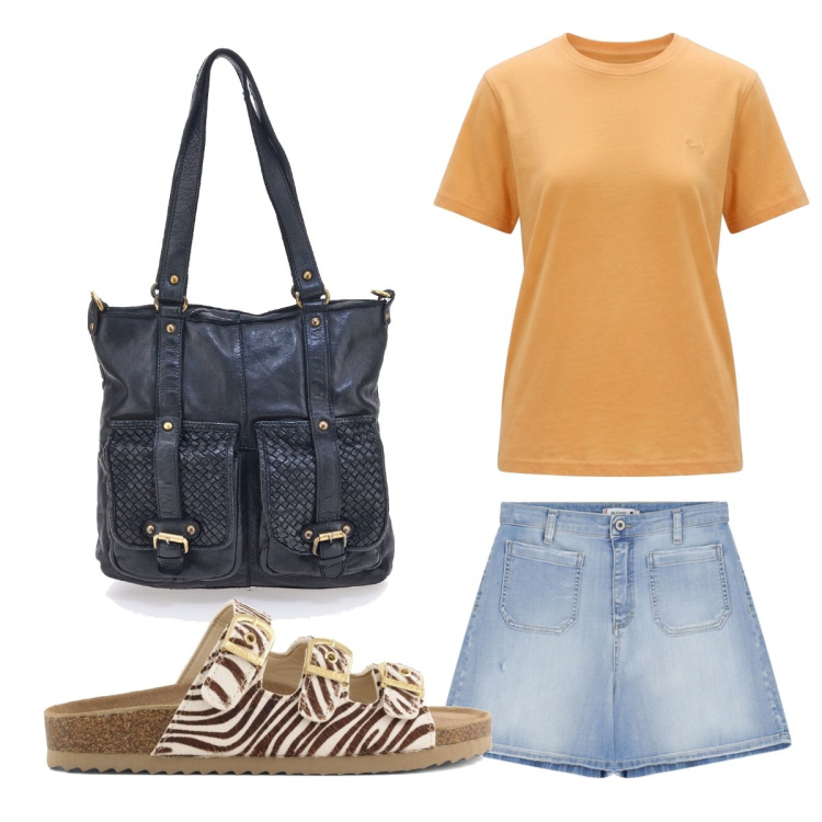 Outfit donna - Shopper + Denim estivo. Stile Urban per Tutti i giorni. Abbinamento con shorts, t-shirt, borse a spalla, sandali in pelle.