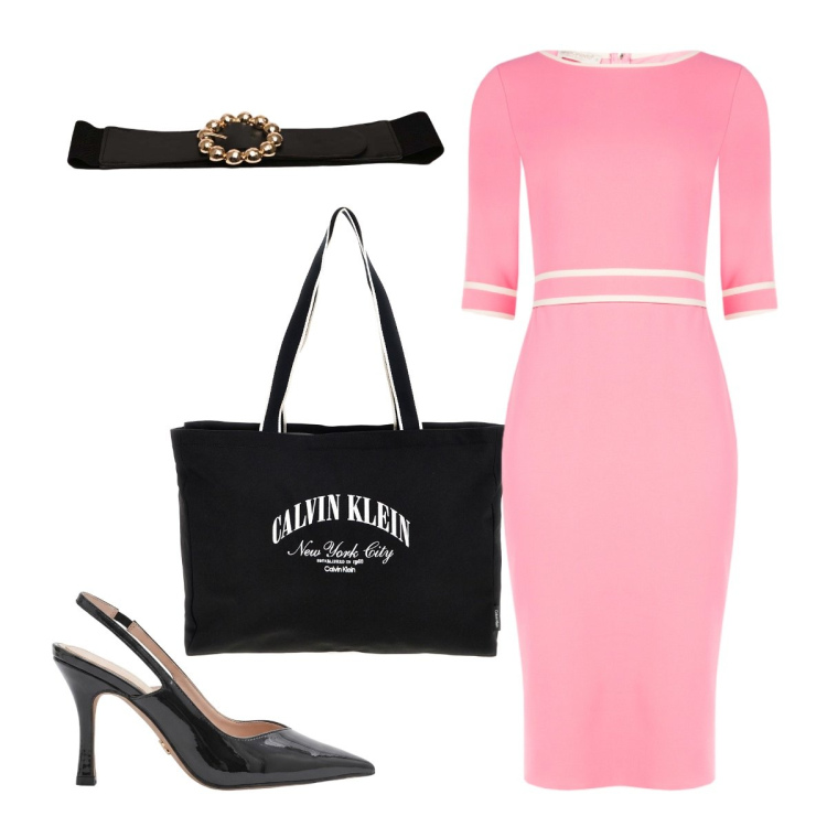 Outfit donna - Shopper+vestito leggero. Stile Casual chic per Serata fuori. Abbinamento con vestiti a tubino, décolleté, cinture, borse a spalla.