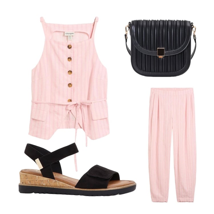 Outfit donna - Mini bag+completo in lino. Stile Mannish per Ufficio. Abbinamento con pantaloni, canottiere, sandali, borse a tracolla.