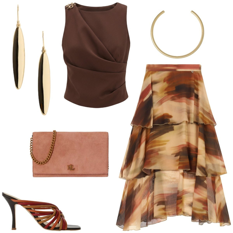 Outfit donna - Total look #2430893. Stile Chic per Serata fuori. Abbinamento con borse a tracolla, orecchini, collane, gonne lunghe, sandali, canottiere.