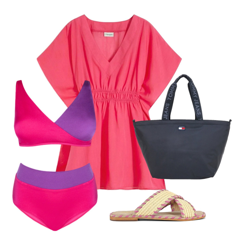 Outfit donna - Al mare, senza rinunce. Stile Casual chic per Mare. Abbinamento con vestiti da spiaggia, bikini, ciabatte, borse tote.