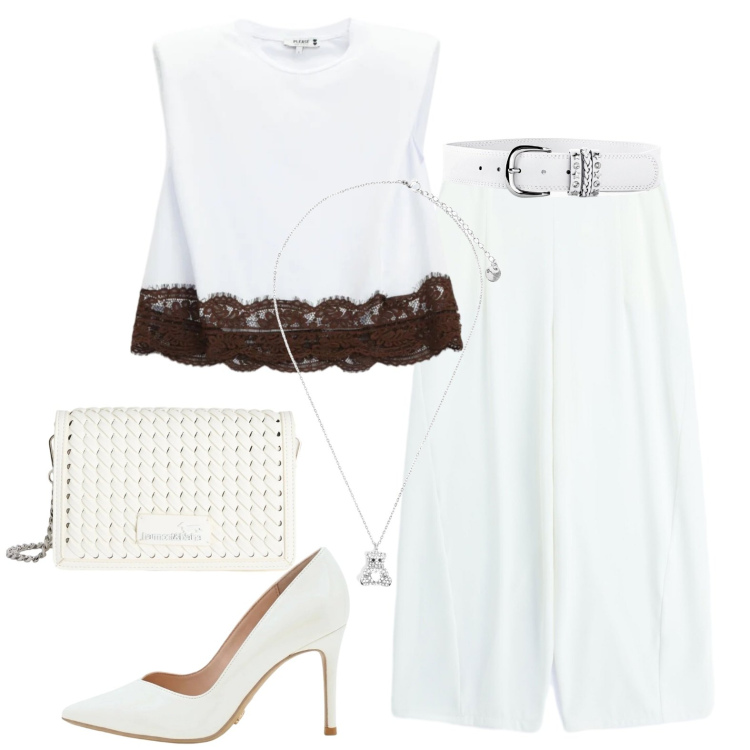 Outfit donna - White. Stile Casual chic per Serata fuori. Abbinamento con cinture, borse a tracolla, ciondoli, pantaloni a palazzo, top, décolleté.