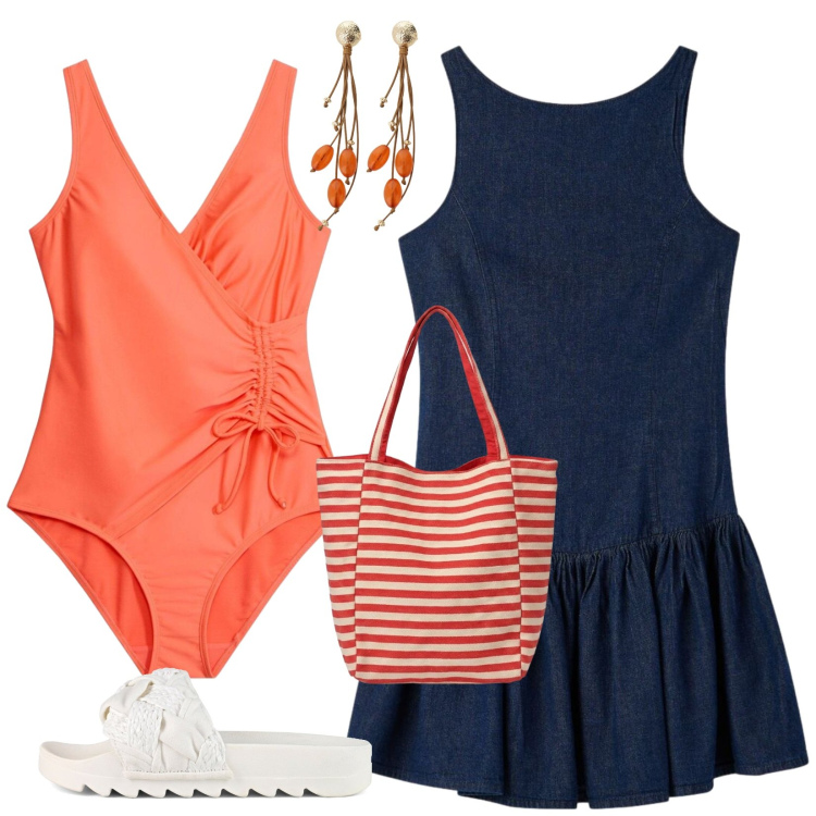 Outfit donna - Passeggiata o tuffo?!. Stile Casual per Mare. Abbinamento con costumi interi, vestiti corti, orecchini, borse tote, ciabatte.